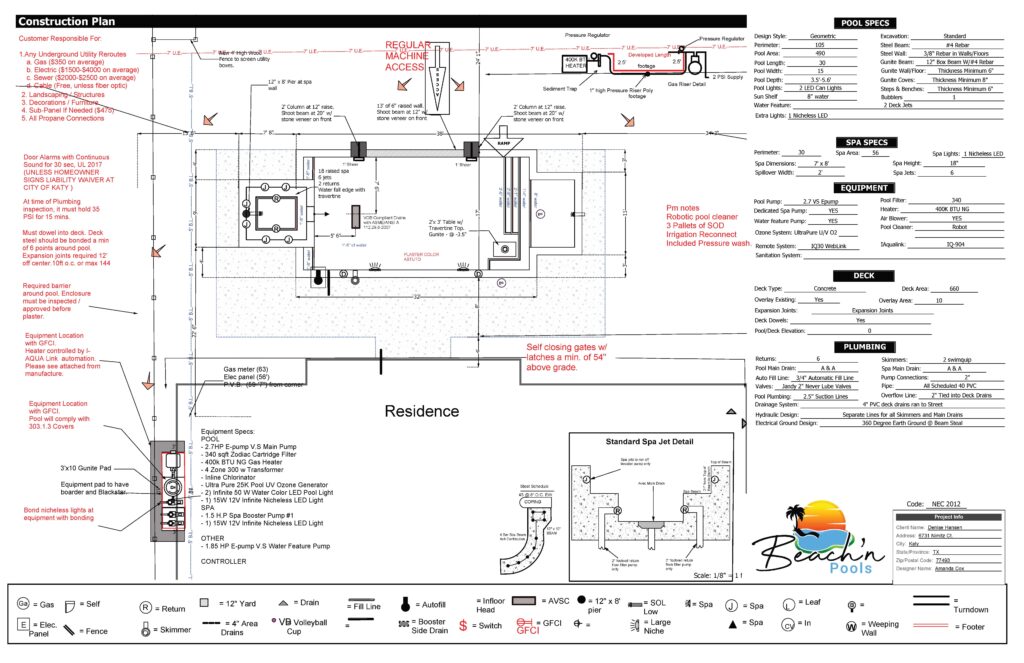 Detailed site plan of a backyard pool and spa with surrounding deck, dimensions, and equipment notes shown in black and red ink on white background.