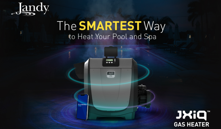 Advertisement for Jandy pool heater showing a gas heater with a smartphone app beside a lit pool at night.