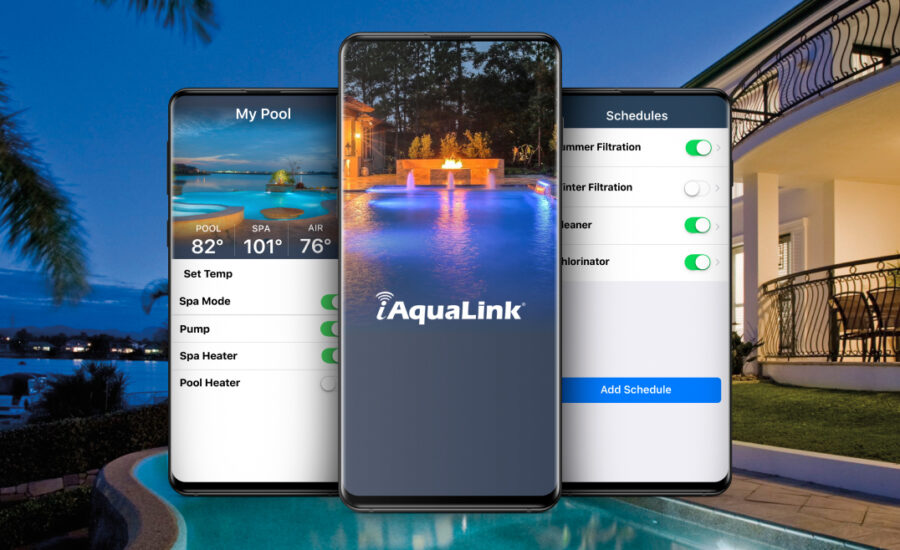Smartphones displaying the iAquaLink pool automation app with controls for pool, spa, and schedules in front of a lit backyard pool at night.